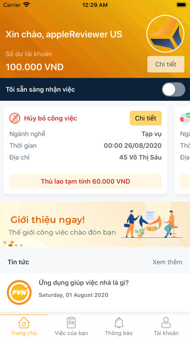 Emulate iPhone app ĐỐI TÁC PHỤ VIỆC NHANH using MyAndroid