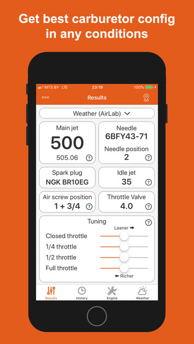Emulate iPhone app Jetting for KTM 2T Moto using MyAndroid