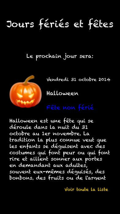 Emulate iPhone app Jours fériés et fêtes using MyAndroid