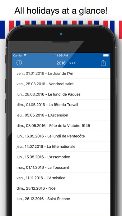 Emulate iPhone app Jours Fériés Français - Holiday Calendrier 2016 en France pour des vacances de planification using MyAndroid Emulate iPhone app Jours Fériés Français - Holiday Calendrier 2016 en France pour des vacances de planification using MyAndroid