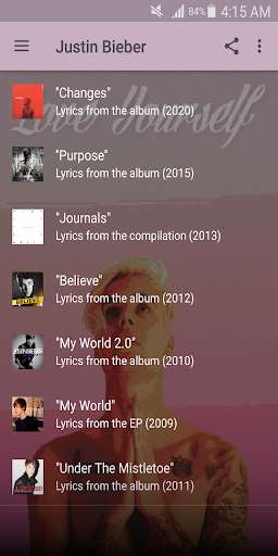Run android online APK Justin Bieber Lyrics/Wallpapers from MyAndroid or emulate Justin Bieber Lyrics/Wallpapers using MyAndroid