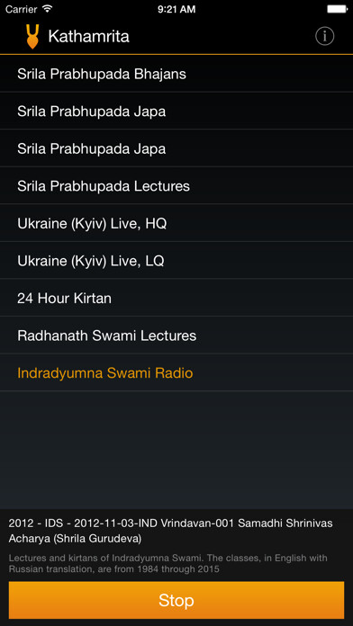 Emulate iPhone app Kathamrita — Vaishnava internet radio using MyAndroid