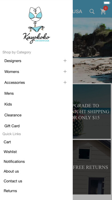 Emulate iPhone app Kayokoko Swimwear USA using MyAndroid