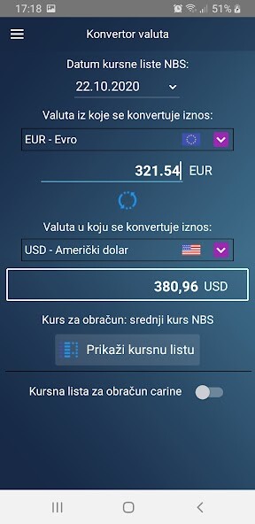 Run android online APK Konvertor - kursna lista NBS from MyAndroid or emulate Konvertor - kursna lista NBS using MyAndroid