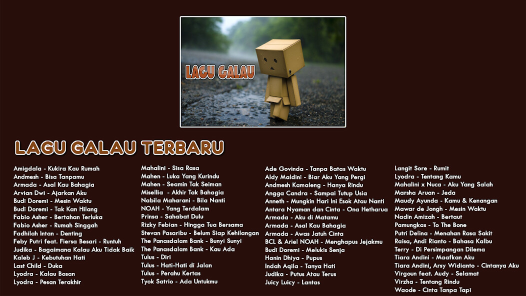 Run android online APK Lagu Galau Sedih Lengkap from MyAndroid or emulate Lagu Galau Sedih Lengkap using MyAndroid