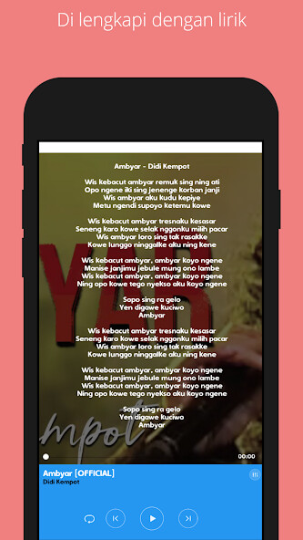 Run android online APK Lagu populer Didi Kempot ( OFFLINE + LIRIK ) from MyAndroid or emulate Lagu populer Didi Kempot ( OFFLINE + LIRIK ) using MyAndroid