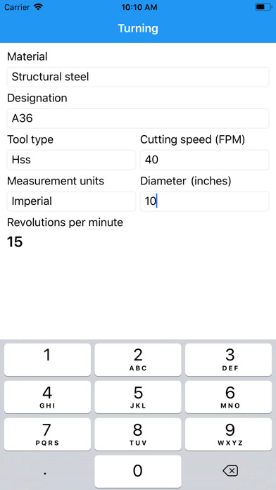 Emulate iPhone app Lathe RPM Calculator using MyAndroid
