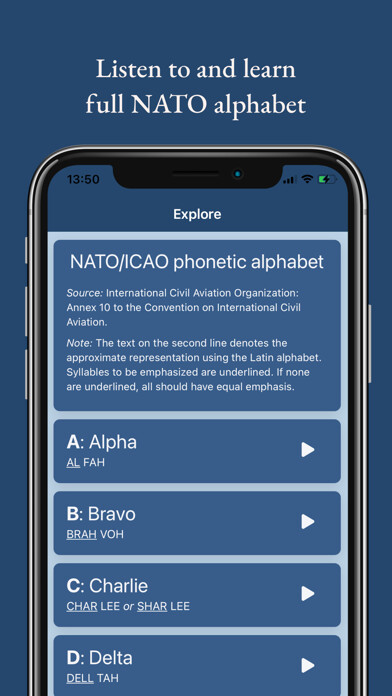 Emulate iPhone app Learn NATO Phonetic Alphabet using MyAndroid