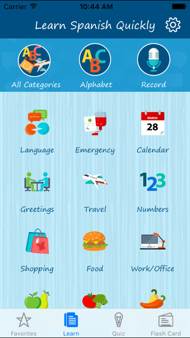 Emulate iPhone app Learn Spanish Quickly - Phrases, Quiz, Flash Card using MyAndroid