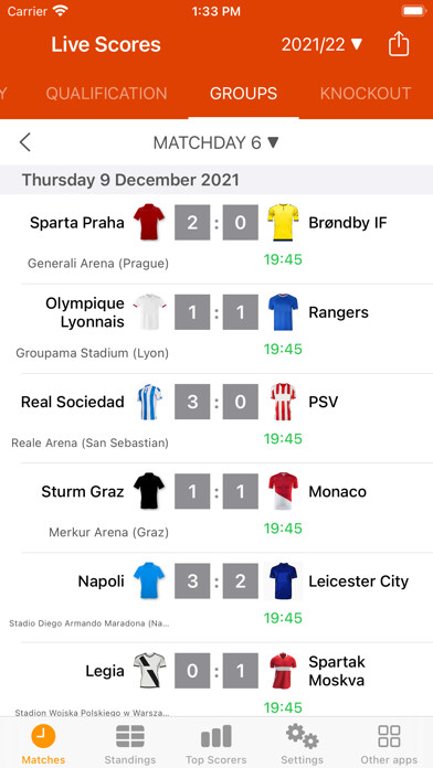 Emulate iPhone app Live Scores for Europa League using MyAndroid