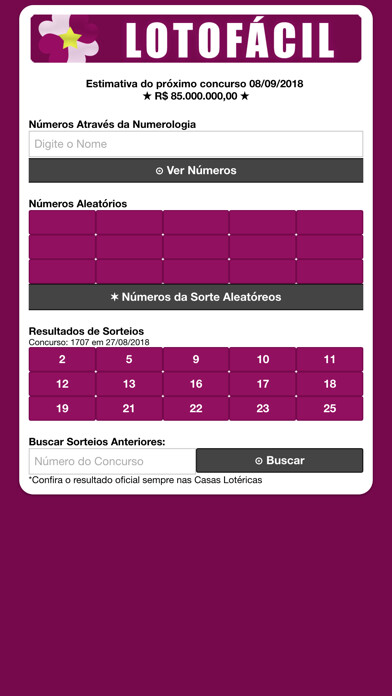 Emulate iPhone app Lotofácil Gerador de Números using MyAndroid