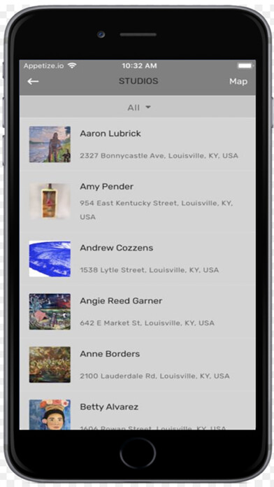 Emulate iPhone app Louisville Visual Art using MyAndroid
