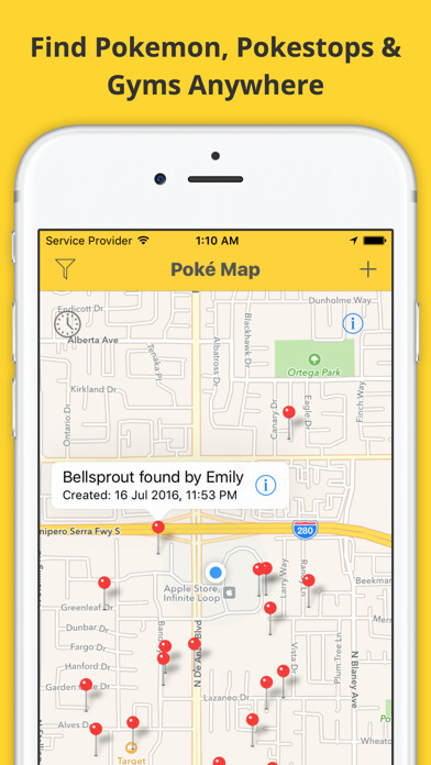 Emulate iPhone app Map Radar - Guide For Pokemon Go: Search, Find and Share Rare Pokemon Location using MyAndroid