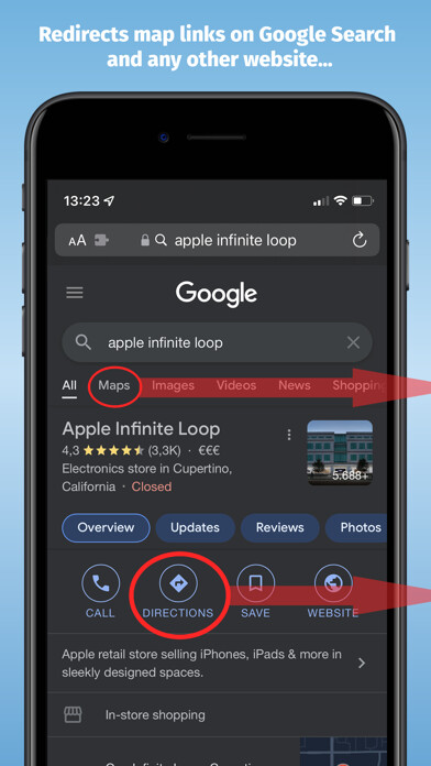 Emulate iPhone app Map Redirect for Map Links using MyAndroid