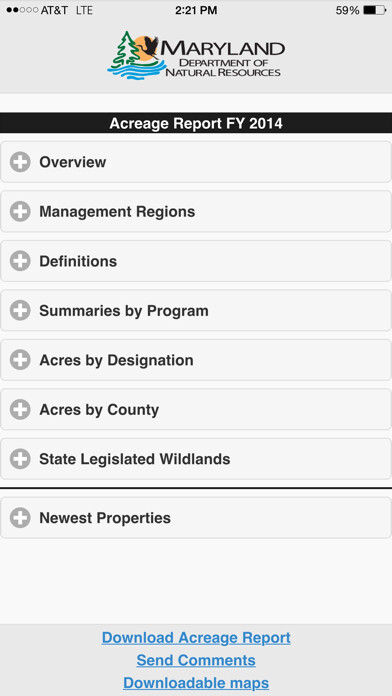 Emulate iPhone app Maryland DNR Acreage Report using MyAndroid