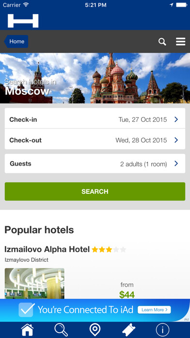 Emulate iPhone app Moscow Hotels + Compare and Booking Hotel for Tonight with map and travel tour using MyAndroid