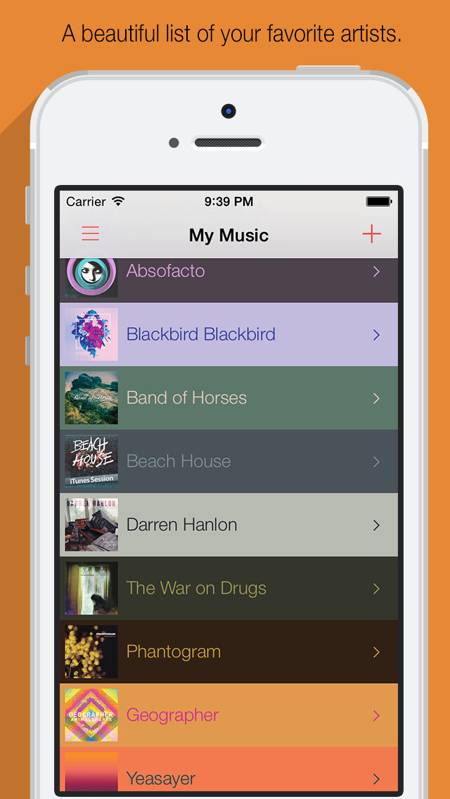 Emulate iPhone app My Music - Your list of favorite artists, and bands. using MyAndroid