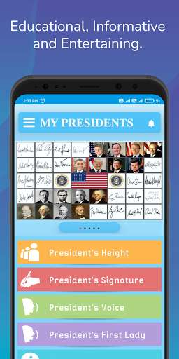 Run android online APK My Presidents - Height, Signature and Voice. from MyAndroid or emulate My Presidents - Height, Signature and Voice. using MyAndroid
