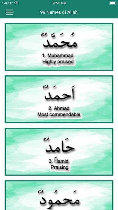 Emulate iPhone app Names Of Muhammad (P.B.U.H) using MyAndroid
