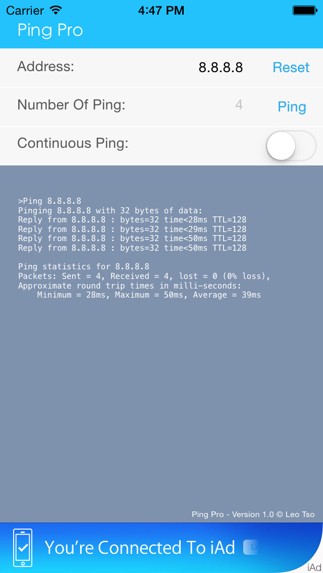 Emulate iPhone app Network Ping Pro using MyAndroid