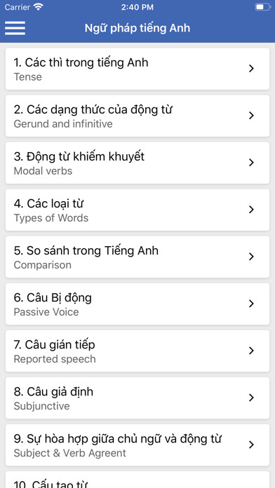 Emulate iPhone app Ngữ pháp tiếng Anh - Bài tập using MyAndroid