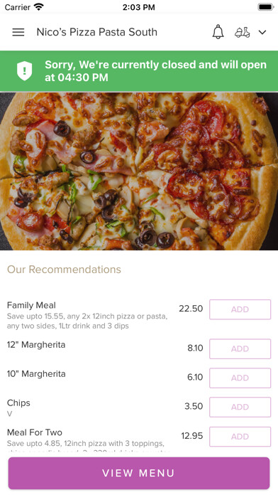 Emulate iPhone app Nicos Pizza Pasta South. using MyAndroid