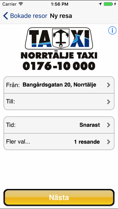 Emulate iPhone app Norrtälje Taxi using MyAndroid