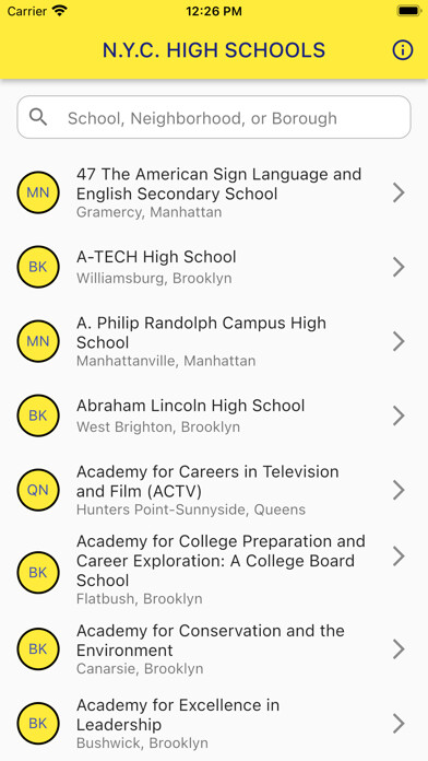 Emulate iPhone app NYC H.S. Information using MyAndroid