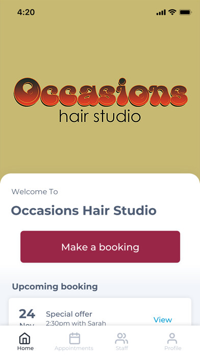 Emulate iPhone app Occasions Hair Studio using MyAndroid