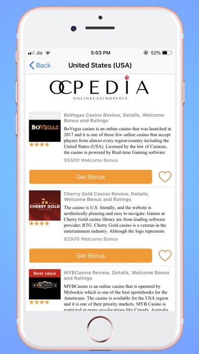 Emulate iPhone app OCPedia: Online Casino Finder using MyAndroid
