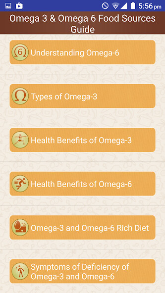 Run android online APK Omega 3 & Omega 6 Dietary Fat Foods Sources Guide from MyAndroid or emulate Omega 3 & Omega 6 Dietary Fat Foods Sources Guide using MyAndroid Run android online APK Omega 3 & Omega 6 Dietary Fat Foods Sources Guide from MyAndroid or emulate Omega 3 & Omega 6 Dietary Fat Foods Sources Guide using MyAndroid