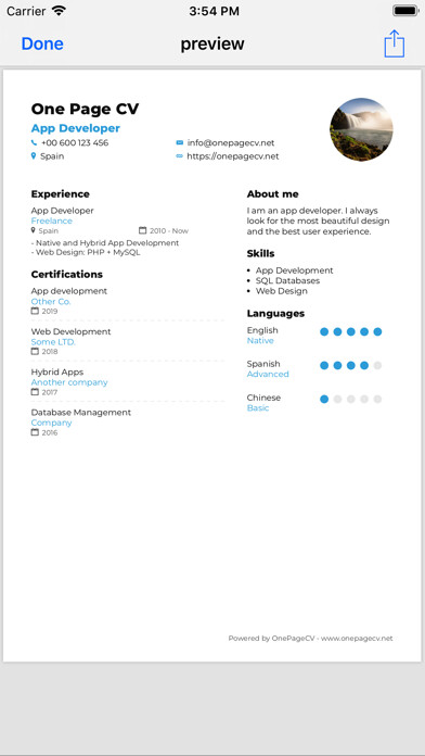 Emulate iPhone app One Page CV - PDF Resume using MyAndroid
