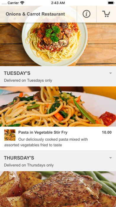 Emulate iPhone app Onions And Carrot Restaurant using MyAndroid