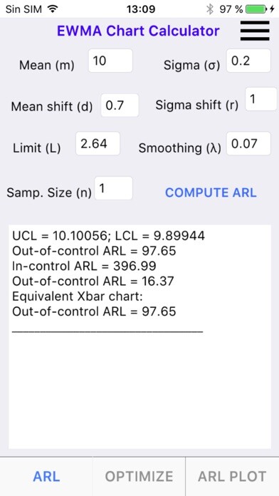 Emulate iPhone app Optimum EWMA control chart using MyAndroid