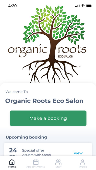 Emulate iPhone app Organic Roots Eco Salon using MyAndroid