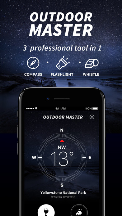 Emulate iPhone app Outdoor Master-Compass, Whistle, Flashlight 3in1 using MyAndroid