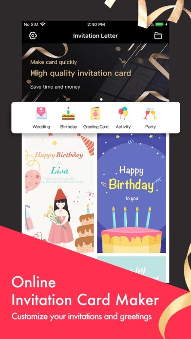 Emulate iPhone app Party Invitation Cards Maker using MyAndroid