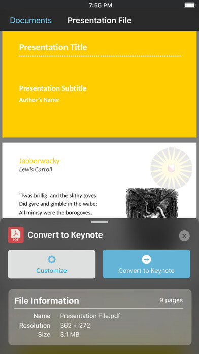 Emulate iPhone app PDF to Keynote using MyAndroid