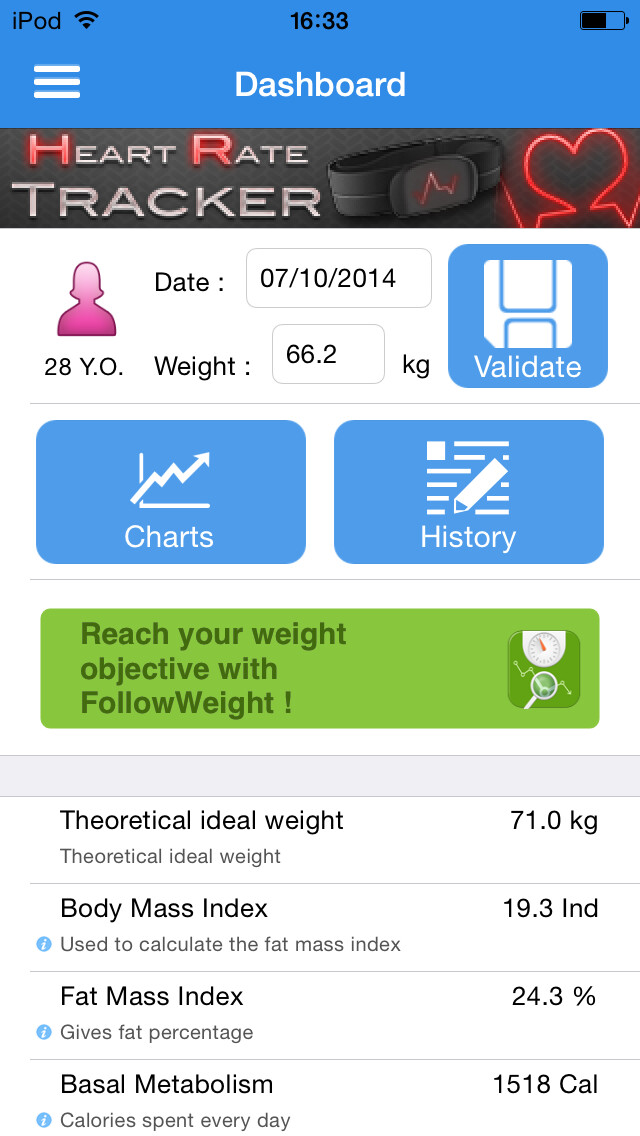 Emulate iPhone app Physio Tracker, calculate and monitoring BMI, BFM, ideal weight and basal metabolism. using MyAndroid Emulate iPhone app Physio Tracker, calculate and monitoring BMI, BFM, ideal weight and basal metabolism. using MyAndroid