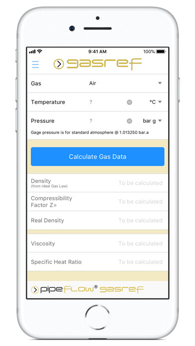 Emulate iPhone app Pipe Flow GasRef - Gas Density using MyAndroid