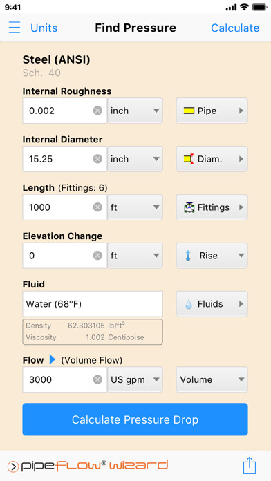 Emulate iPhone app Pipe Flow Wizard - Calculator using MyAndroid