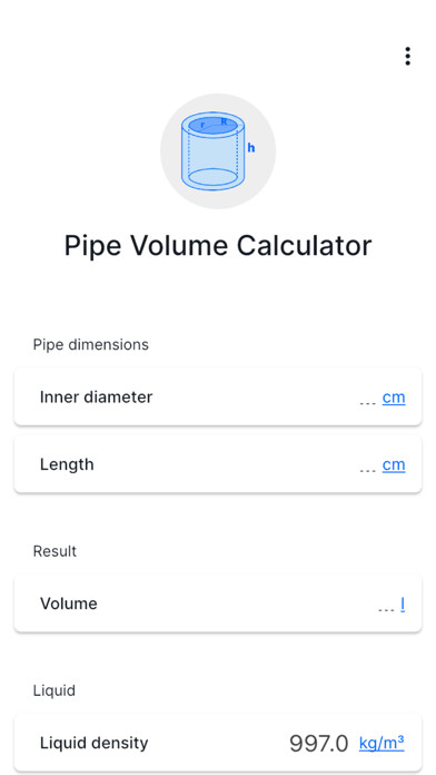 Emulate iPhone app Pipe Volume Calculator using MyAndroid