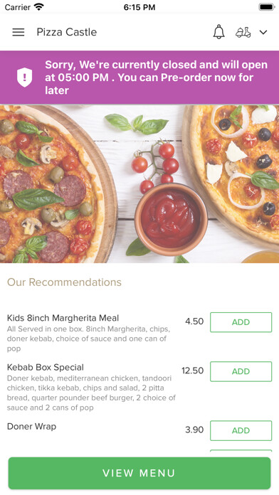 Emulate iPhone app Pizza Castle Sedgefield using MyAndroid