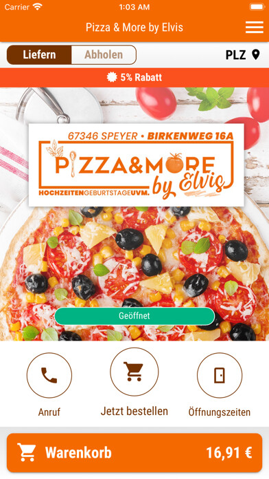 Emulate iPhone app Pizza & More by Elvis using MyAndroid
