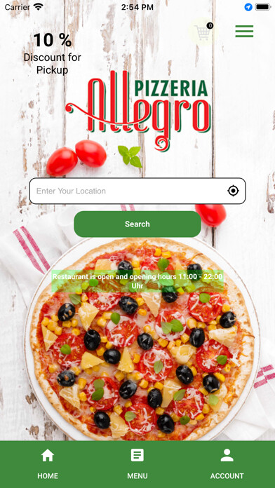 Emulate iPhone app Pizzeria Allegro using MyAndroid