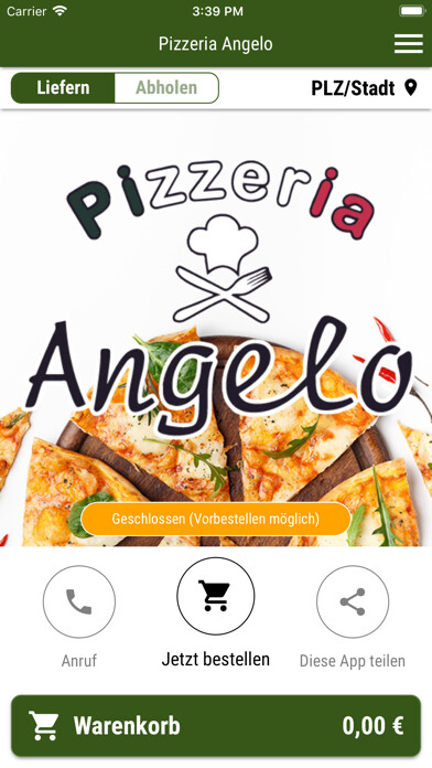 Emulate iPhone app Pizzeria Angelo using MyAndroid