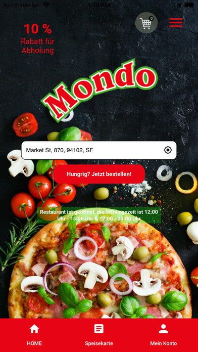 Emulate iPhone app Pizzeria Mondo Aldenhoven using MyAndroid