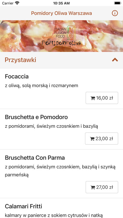 Emulate iPhone app Pomidory i Oliwa Warszawa using MyAndroid