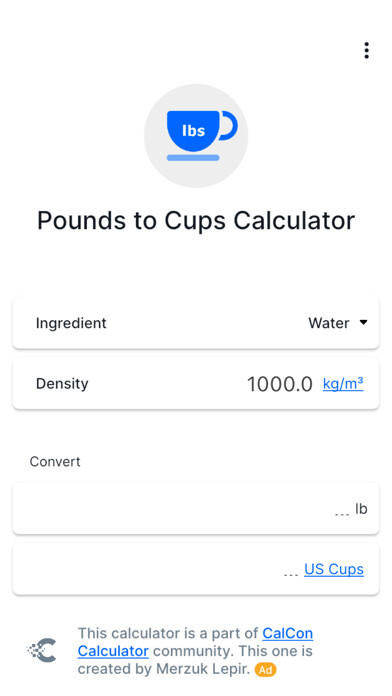 Emulate iPhone app Pounds to Cups Calculator using MyAndroid