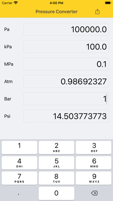 Emulate iPhone app Pressure Converter Psi Bar Pa using MyAndroid